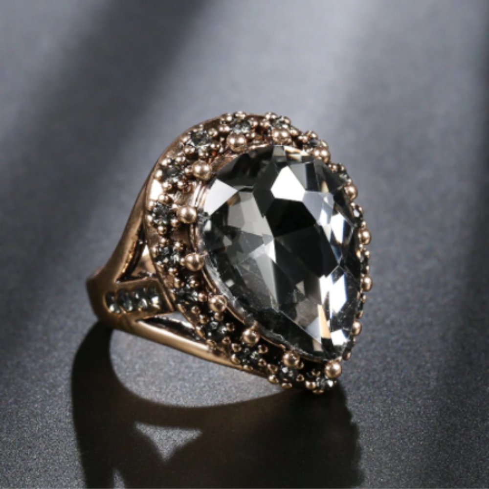 Yellow Gold Black Gray Pear Cut CZ Ring